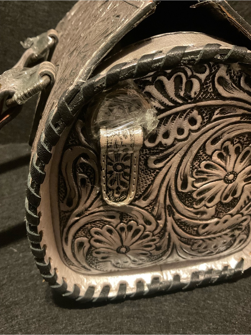 Silver Small Tooled Western Floral Leather Speedy w/adjustable detachable strap - Picture 4 of 9